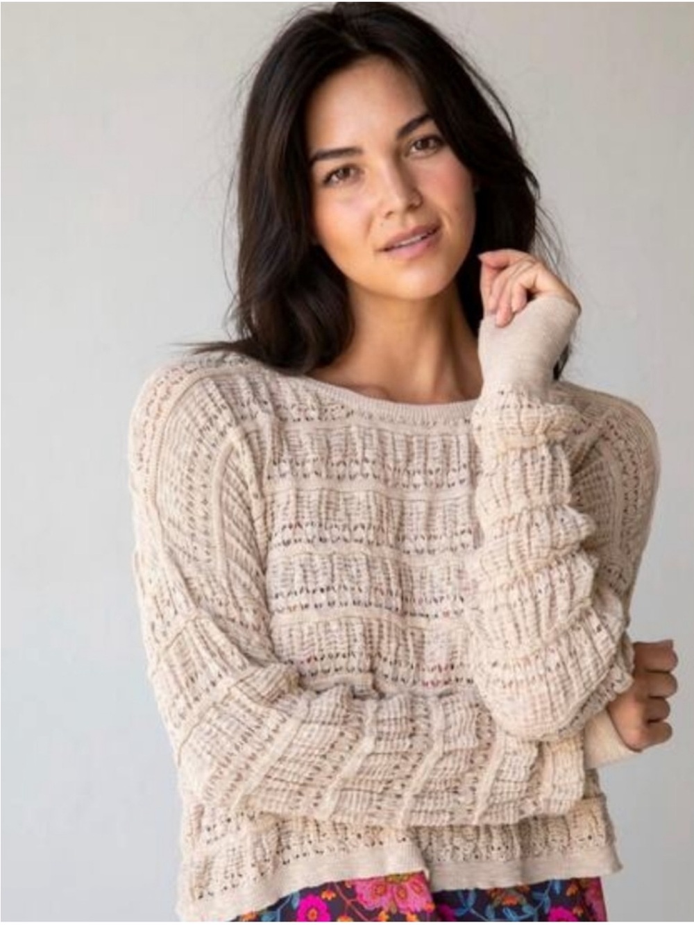 Natural Life Emily Textured Open Knit Sweater Size S Beige Cropped Boho
